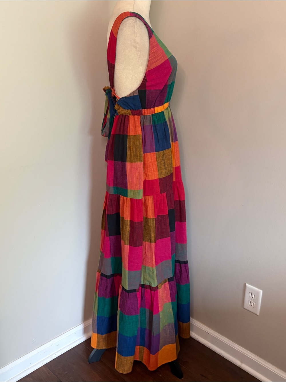 Rujuta Sheth Gema Tiered Maxi Multi-Chex Multicolor Plaid Tie Back Boho Small - Picture 5 of 10